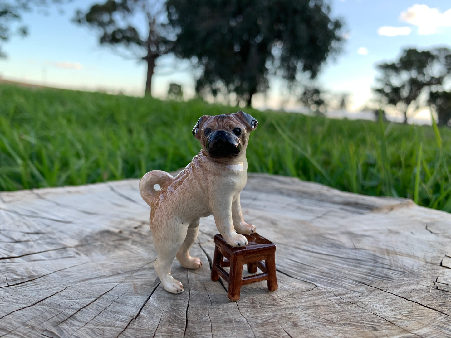 Miniature Porcelain Pug Standing On Chair Figurine
