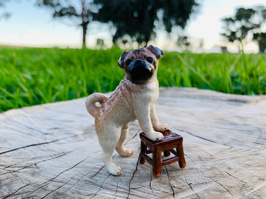 Miniature Porcelain Pug Standing On Chair Figurine