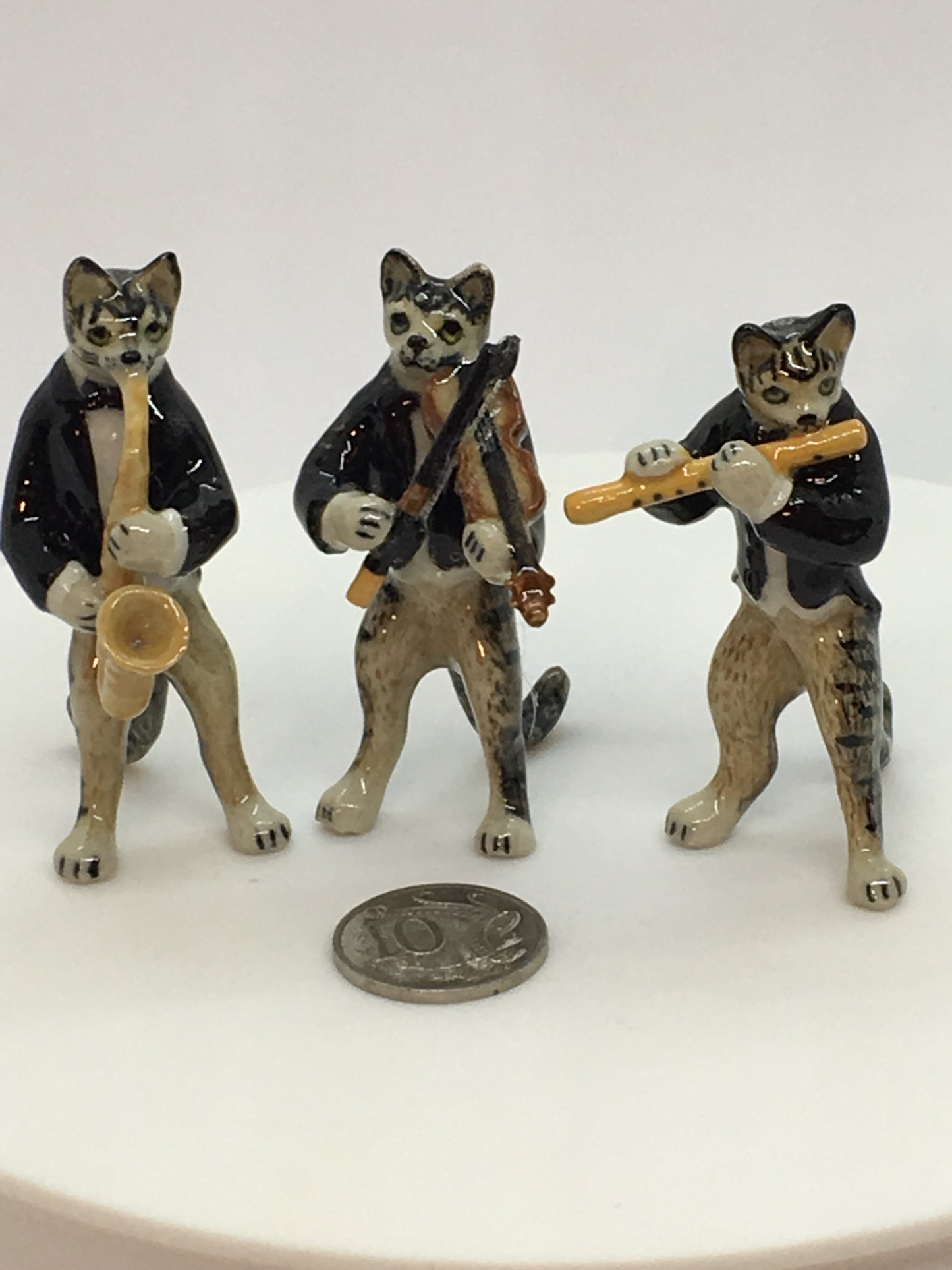 Miniature Porcelain Cat Kitten Figurines Cats Playing Musical Instruments Violin Trumpet Flute