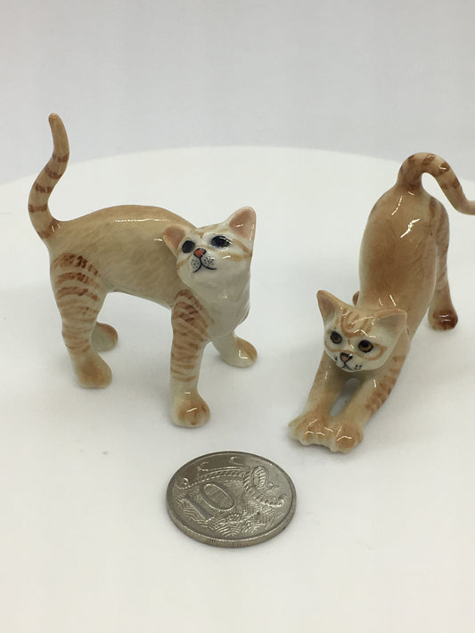 Miniature Porcelain Cats Kittens Figurines Ginger Tabby Cats Stretching